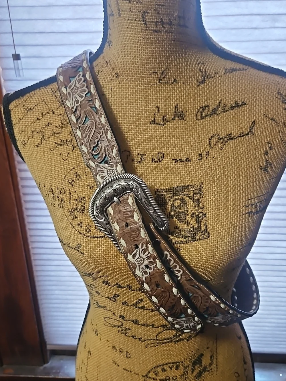 Tooled Brown And Turquoise Floral Leather Belt with Silver Buckle